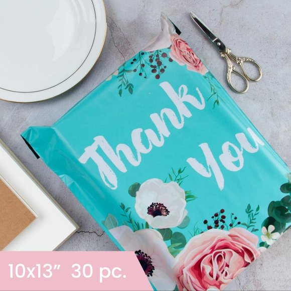 10x13" (30 Pack) Thank You Floral Polymailers (Teal) - Picture 1 of 2